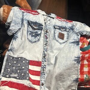 Men's Light Blue Denim Button-Down Shirt with Red & White Flag Patch